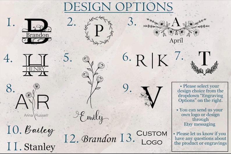 May include: A graphic showing 13 different design options for engraving. The options include initials, names, and floral designs. The text "Engraving Options" is on the right side of the image.