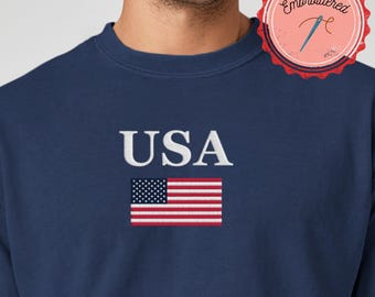 Embroidered US Flag TShirt, USA Flag Shirt, Comfort Colors®, United States of America Shirt, Custom Embroidered 4th of July T-Shirt
