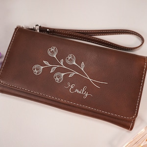 Cartera de mujer personalizada, bolso de cuero personalizado, cartera de mujer con cremallera, regalo para ella, regalo de mamá, billetera, cartera de embrague grabada