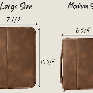 May include: Two brown leather zippered binders, one large and one medium. The large binder measures 7 1/2 inches wide by 10 3/4 inches tall. The medium binder measures 6 3/4 inches wide by 9 1/4 inches tall.