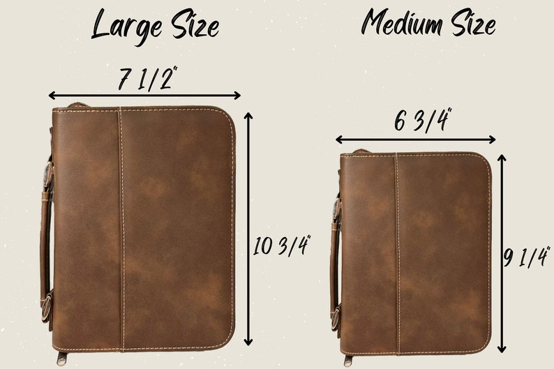 May include: Two brown leather zippered binders, one large and one medium. The large binder measures 7 1/2 inches wide by 10 3/4 inches tall. The medium binder measures 6 3/4 inches wide by 9 1/4 inches tall.
