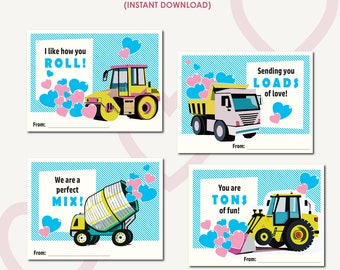 Printable valentine card, Construction Vehicle, Instant Download, kids, classmates