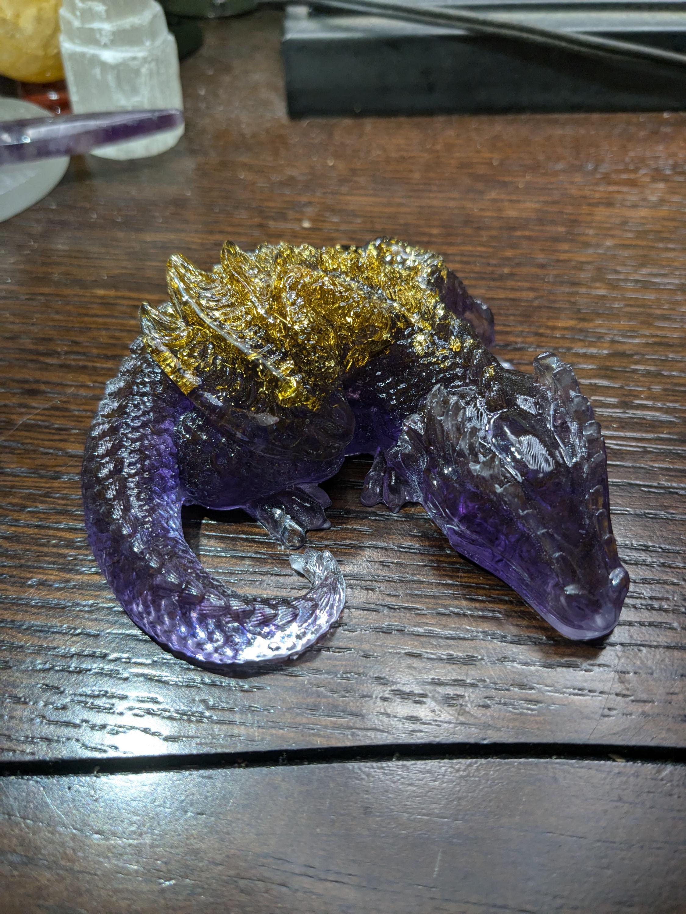 Amethyst Crystal Chip Infused Sleeping Dragon Figurine