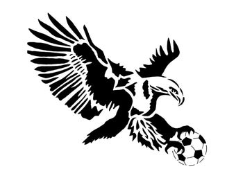 May include: A black and white silhouette of an eagle with its wings spread, holding a soccer ball in its talons.