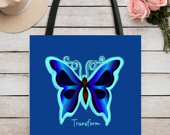 Blue Butterfly Polyester Tote Bag: Stylish Travel, Beach, Work