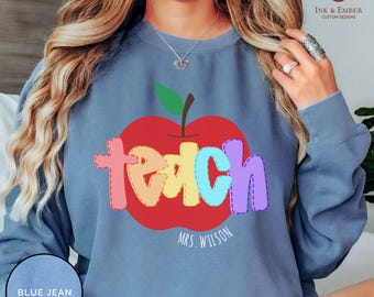 Sudadera personalizada para profesor, sudadera con nombre de profesor, sudadera retro personalizada con diseño de manzana, agradecimiento por la vuelta al cole, regalo de fin de curso