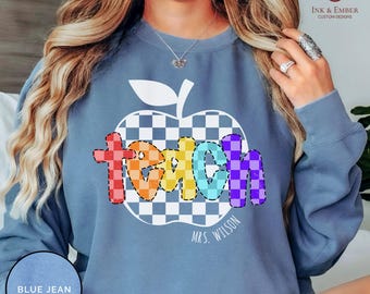 Sudadera personalizada para profesor, sudadera con nombre de profesor, sudadera retro personalizada con diseño de manzana, agradecimiento por la vuelta al cole, regalo de fin de curso