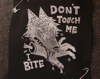 Wolf Bite / Hands Off - Large Sew On Fabric Lino Printed Wolf Patch