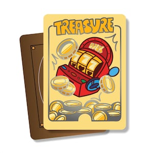 May include: A rectangular trading card with a light yellow background featuring the word TREASURE in bold letters. The illustration shows a red slot machine with three sevens and gold coins flying around it, with a pile of coins at the bottom.
