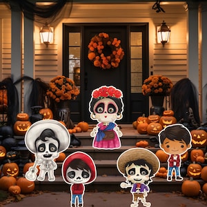 May include: A collection of five cartoon-style character cutouts featuring skeletal figures and a young boy, arranged on porch steps decorated with numerous orange pumpkins and a floral wreath on the front door, creating a festive seasonal display.