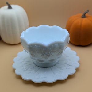 Westmoreland Milk Glass Paneled Grape Cobdiment Bowl and Plate
