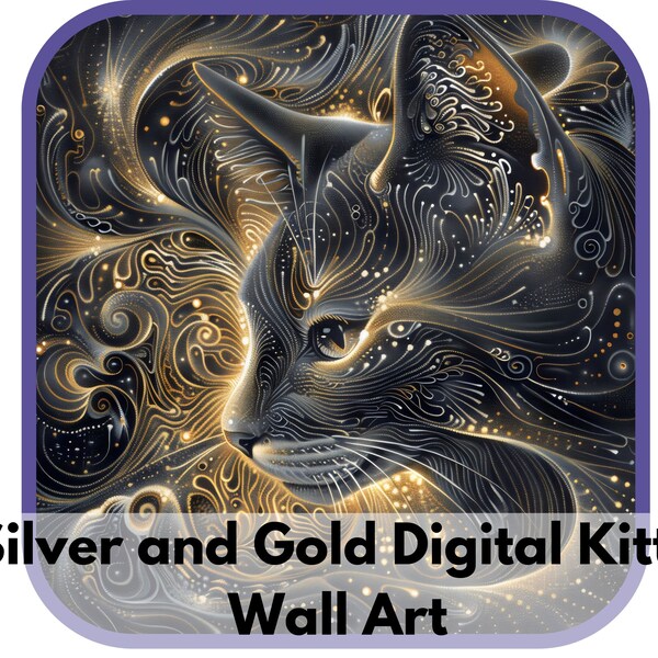 Silver and Gold Stylish Feline Art | Affordable Art | Home Decor | Gifts for Cat Lovers | Dark Wall Art | Square Art Print | Cosmic Designs