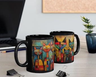Artist Inspired Abstract Cats Mug | Black Ceramic Coffee Cup| MugSlang Collection | Colorful Cat Lover Gift