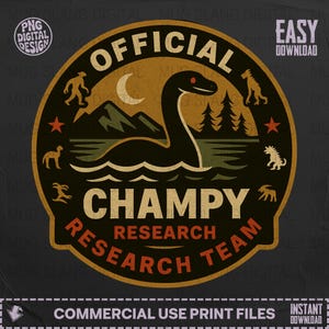 May include: A circular patch design with the text "OFFICIAL CHAMPY RESEARCH TEAM". The design features a lake with a Loch Ness Monster-like creature, trees, mountains, stars, and other mythical creatures. The design is in shades of brown, green, and black.