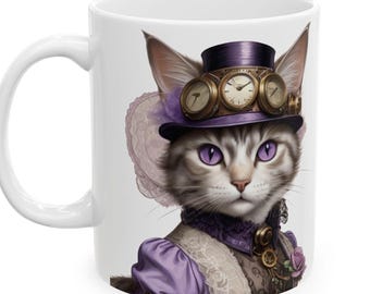 Steampunk Cat Mug: Victorian Clockwork Coffee Cup, Goth Tea Mug