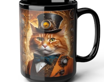 Steampunk Cat Mug: Orange Victorian Clockwork Design, Oamaru Art