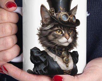 Steampunk Cat Mug: Victorian Lace, Gothic Romance Coffee Cup