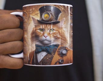 Steampunk Ginger Cat Mug: Quirky Gentleman Design, Cat Lover Gift