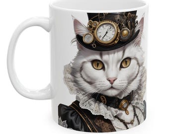 Steampunk Cat Lady Coffee Mug: Victorian Gothic Art, Tea Lover Gift