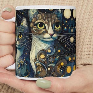 Artistic Cat Lover Gift, Unique Coffee Mug, Vibrant Fantasy Moon Cat Art, Colorful with Celestial Stars, Perfect for Daydreaming.