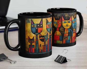 Artist Inspired Abstract Cats Mug | Black Ceramic Coffee Cup| MugSlang Collection Second in Set