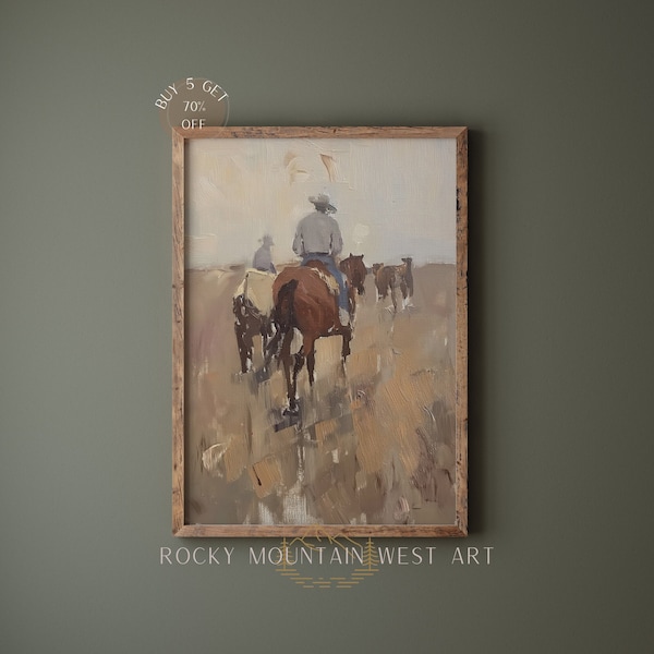 Vintage Landscape Cowboy Oil Painting | Rustic Southwest Decor | Moody Print | Texas Wall Art | Minimalist Neutral Wall Art Digital Download