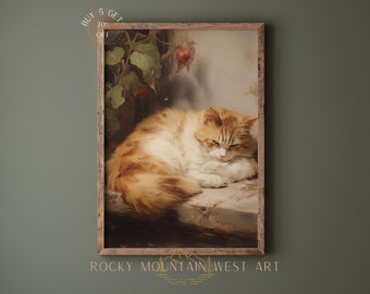 Antikes Katzenölgemälde | Vintage Tier Kunstdruck | Vintage Katzen Wandkunst | Haustier Katzenportrait Geschenk | Moody Feline Wandkunst | Herunterladen
