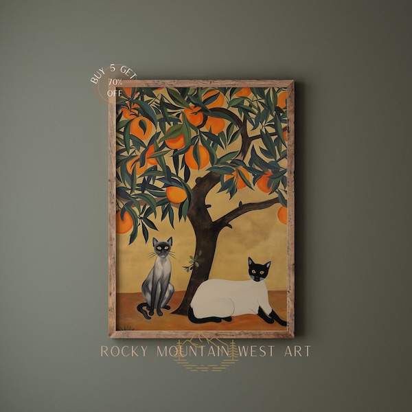 Vintage Siamese Cat Decor | Siamese Cats Wall Art | Retro Boho Cat Wall Art | Citrus Botanical Print | Cat Lovers Gift | Digital Download