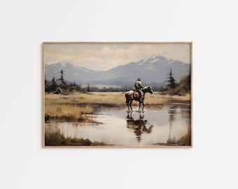 馬に乗ったカウボーイのウォールアート、西部の山川の風景、素朴な牧場風の装飾、アメリカ西部のカウボーイのアートワーク、デジタルダウンロード