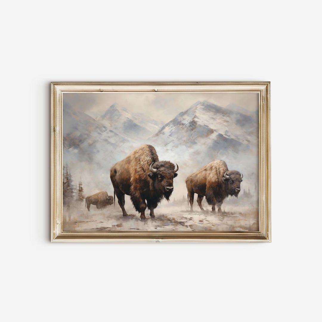 Yellowstone Bison Oil Painting | Rustic Western Landscape Art (digital ...