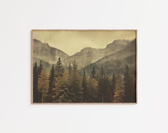 Mountain Forest Wall Art, Moody Pine Tree Landscape, Rustic Cabin Decor, Lodge Wall Art, Vintage Nature Print, Framed Fine Art