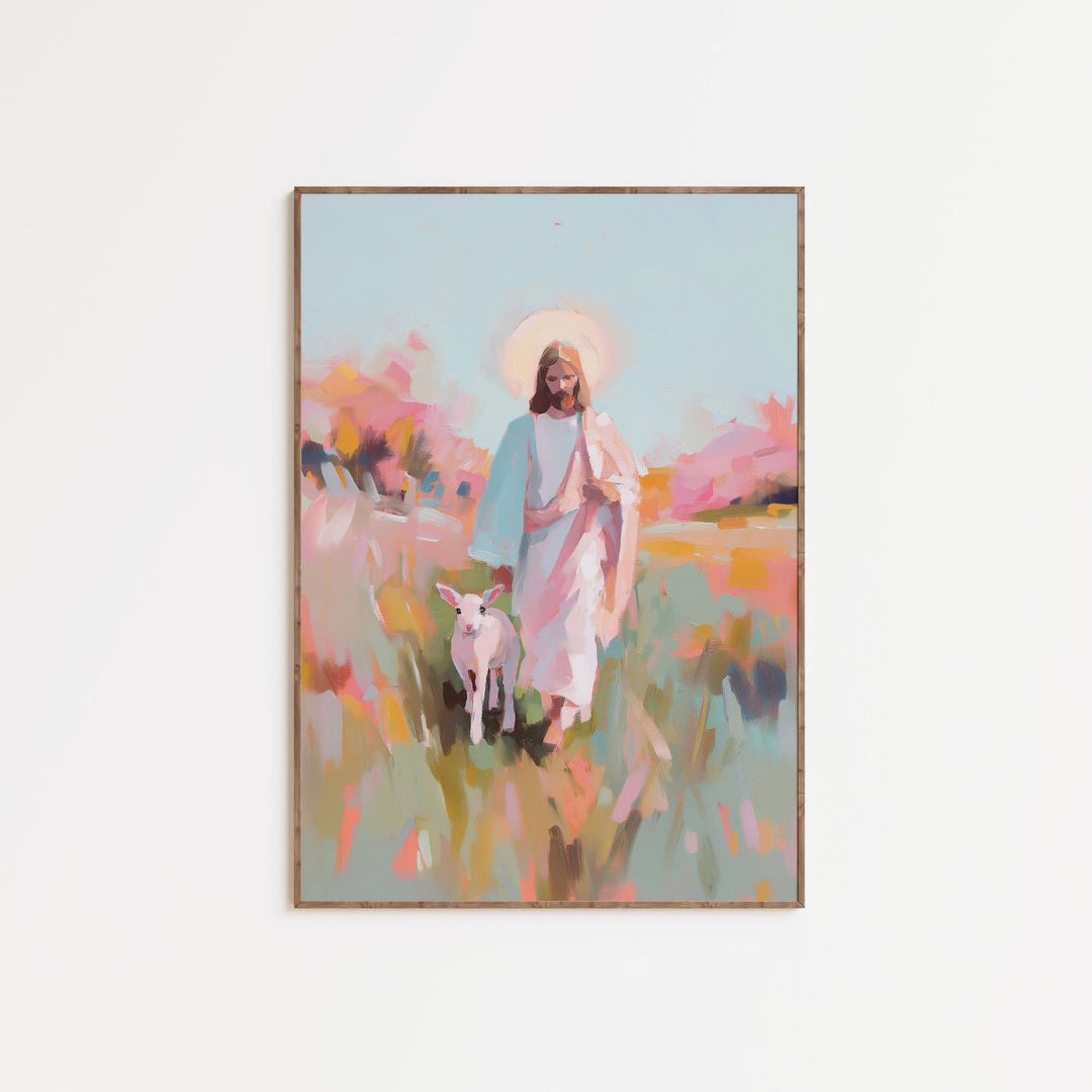 Jesus and Lamb Wall Art Pastel Christian Print Gift for Catholic Girly ...