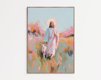 Jesus and Lamb Wall Art Pastel Christian Print Gift for Catholic Girly Faith Decor Inspirational Religious Artwork