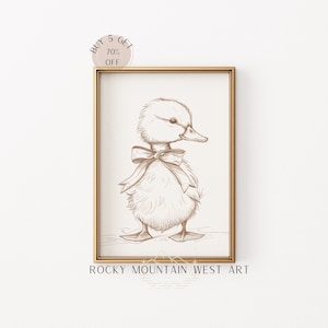Vintage minimalistische Ente mit Schleife Bleistift Skizze Wandkunst | Bauernhof Tiere Kinderzimmer Poster | Bauernhaus Wohndekor | Badezimmer Wand Kunst | HERUNTERLADEN
