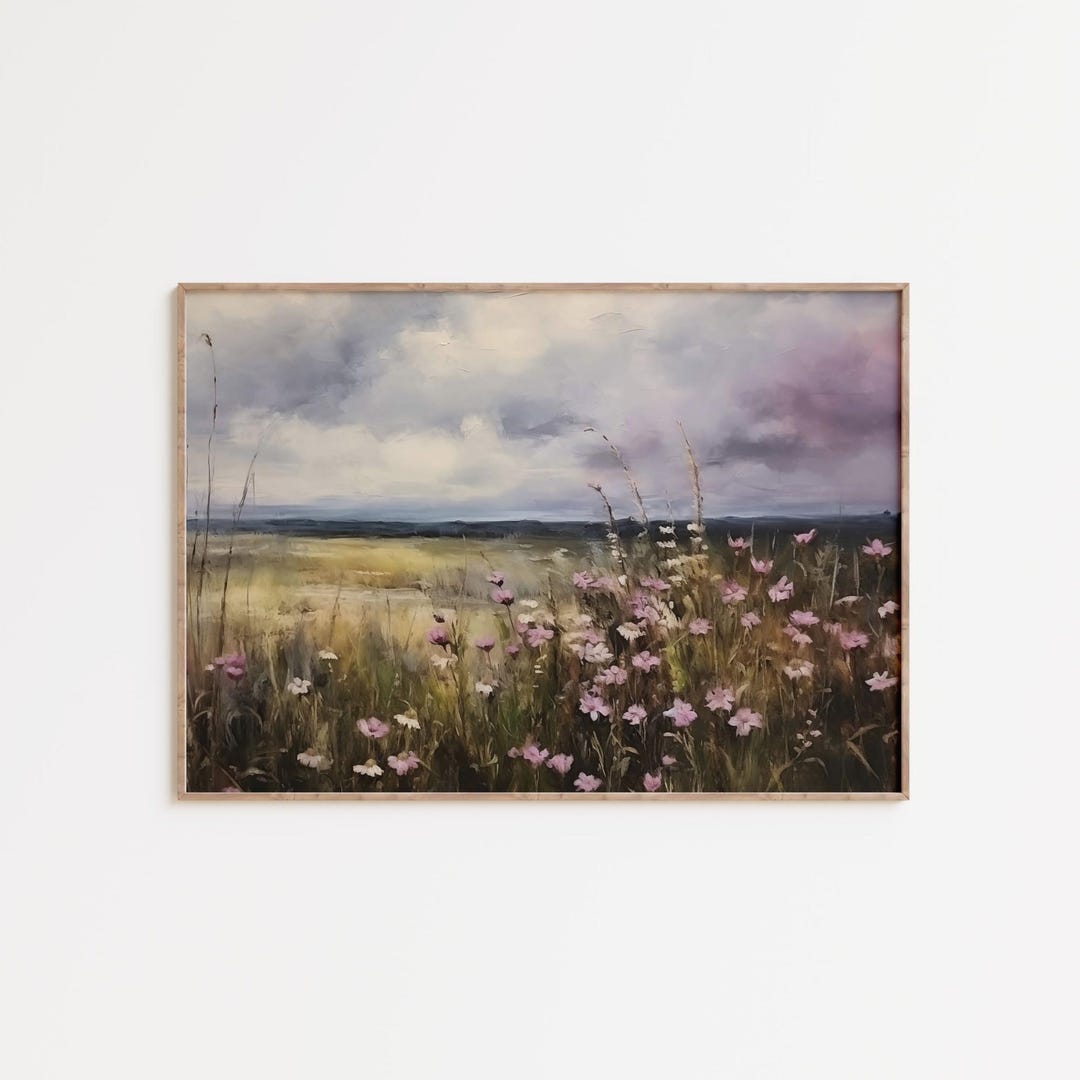 Vintage Pink Wildflower Field Art Print | Moody Floral Wall Decor ...