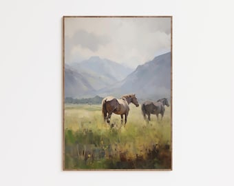 Arte murale con paesaggio di cavalli di montagna, dipinto di cavalli della Western Valley, arredamento rustico di campagna, scena di prato con cavalli selvaggi, download digitale