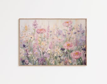 Vintage Pastel Wildflowers Watercolor Wall Art | Danish Pastel Home Decor | Country Farmhouse Landscape Painting | Cottagecore Art PRINTABLE