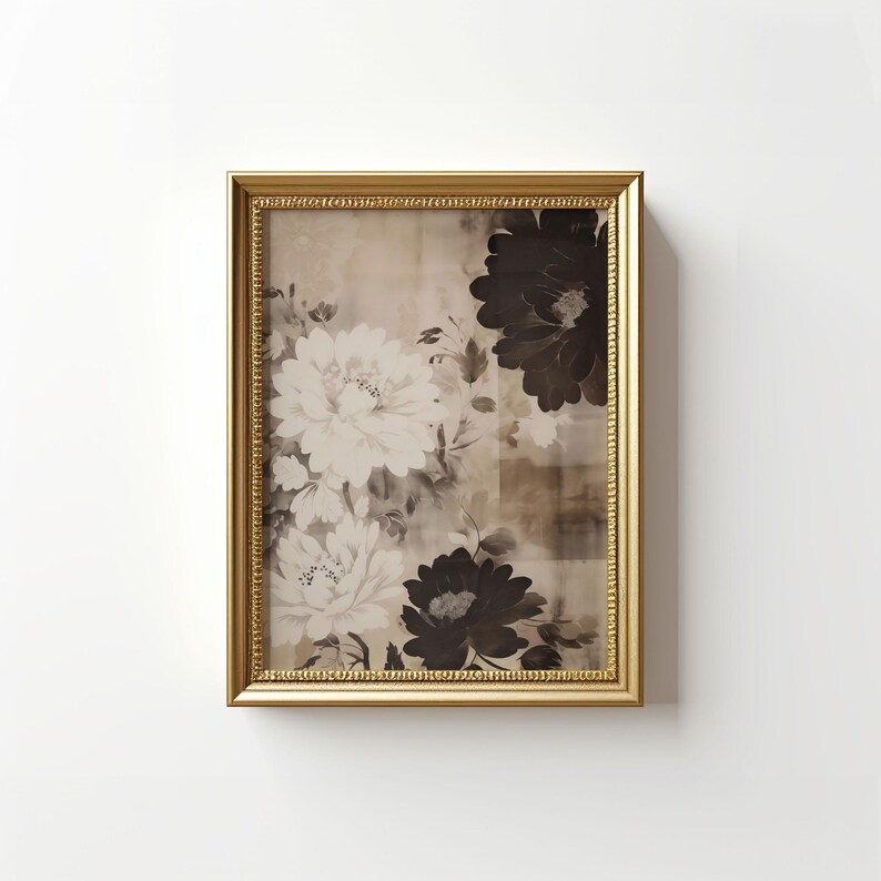Vintage Floral Wall Art Print, Moody Botanical Decor, Antique Flower Illustration, Neutral Floral Textile Art, Digital Download image 4