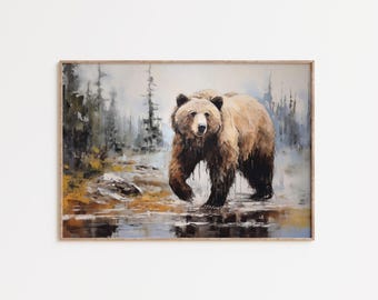 Grizzly Bear Wall Art Printable, Rustic Wildlife Painting, Forest Animal Art, Cabin Decor, Nature Wall Art, Digital Download