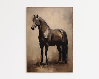 Art mural portrait cheval noir, peinture cheval équestre, oeuvre d'art équine vintage, déco amateur de chevaux, téléchargement numérique
