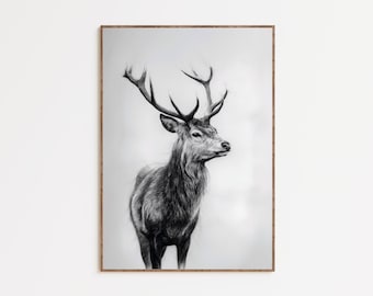 Stag Wall Art, Deer Portrait Print, Black and White Wildlife Art, Rustic Cabin Decor, Modern Lodge Wall Art, Framed Fine Art, Gift for Him