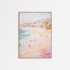 Pastel Beach Wall Art, Coastal Seascape Printable, Mediterranean Beach Town Decor, Summer Coastal Wall Art, Ocean Landscape Digital Download