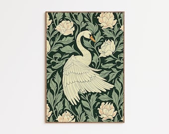 William Morris Swan Print | Swan Wall Art | Cottagecore Decor | Emerald Green Art | Boho Wall Art | Aesthetic Room Decor | Digital Download