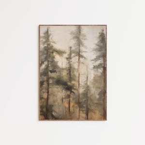 May include: A vertical rectangular wall art print featuring an impressionistic painting of a forest with tall, slender pine trees in muted shades of sage green, olive, brown, and cream, enclosed within a thin, dark brown wooden frame.