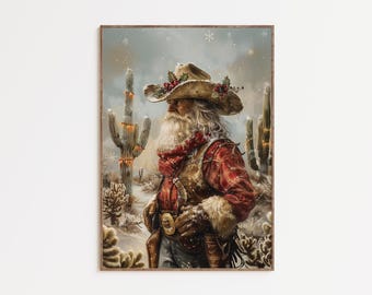 Cowboy Santa Claus Wall Art Western Christmas Decor Rustic Holiday Print Desert Santa Painting Cozy Farmhouse Art Rustic Christmas Wall Art