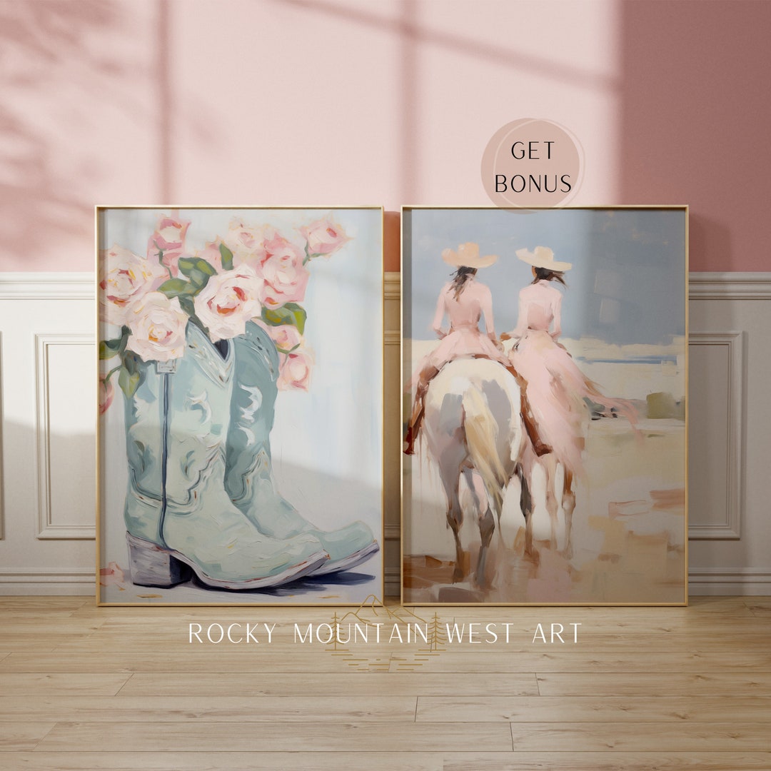 Pink Coastal Cowgirl Wall Art| Blue Cowgirl Boot Print | Pink Coquette ...