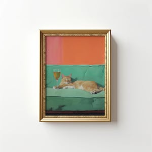 面白いオレンジ色の猫と白ワインのウォールアート、猫のレトロなウォールアート、バーカートの装飾、レトロなキッチンの装飾、トレンディなウォールアート、猫ママへのギフト（印刷可能）