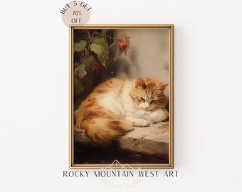 Antike Katze Ölgemälde | Vintage Kunstdruck | Vintage Katzen Wandkunst | Haustier Katze Portrait | Moody Feline Wandkunst | Herunterladen