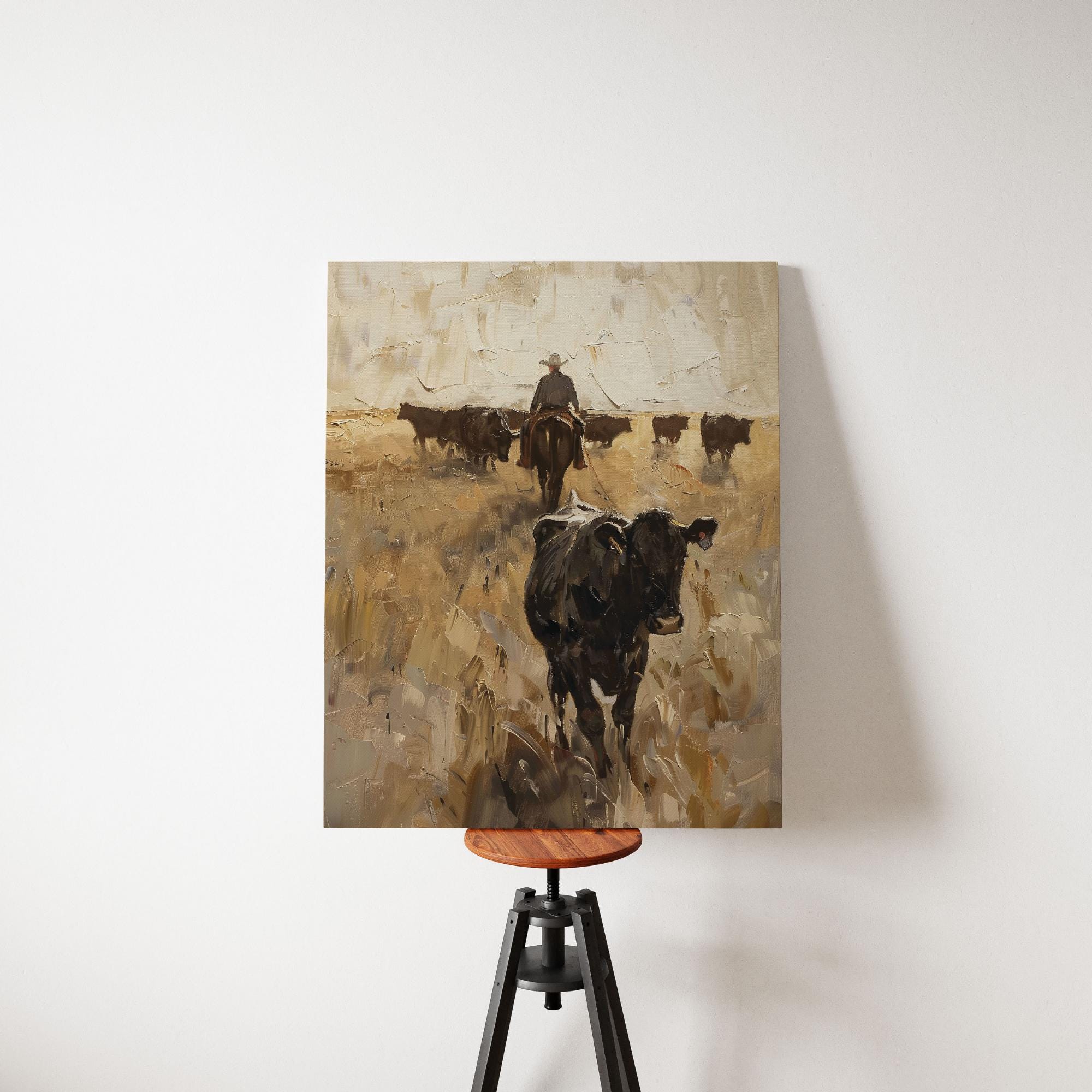 カウボーイの牛追い壁アート（印刷可能）、西部牧場の風景画、素朴な