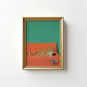 おもしろいオレンジ色の猫とワインのウォールアート、猫のレトロなウォールアート、バーカートの装飾、レトロなキッチンの装飾、トレンディなウォールアート、ドーパミンの装飾、猫ママへのギフト